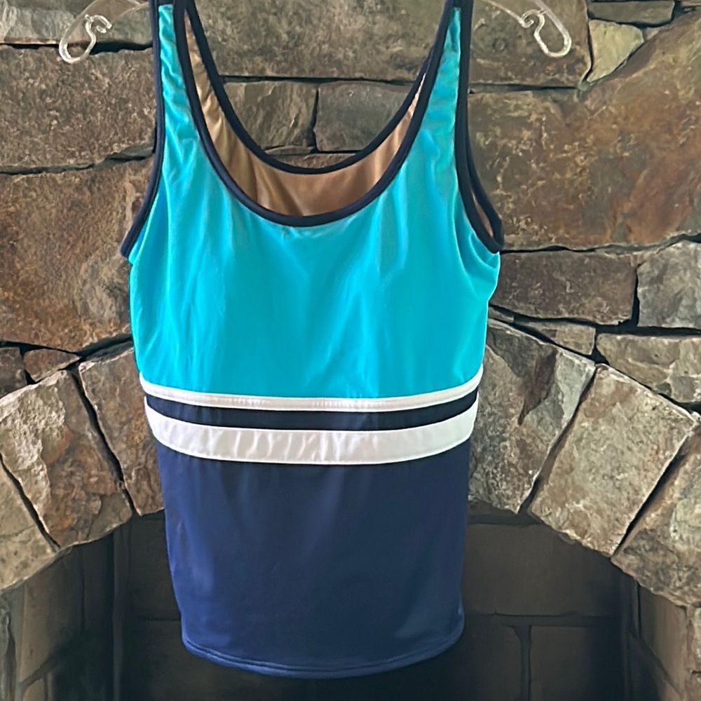 LL Bean Tank Bathing Suit Top Turquoise & Navy Size 10 Padded Bra Tummy Control